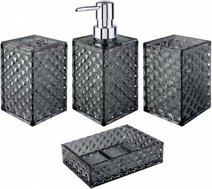 Bathroom Accessory Set, Grid Pattern 4 Pcs Plastic Bathroom Set, Grey | Include Soap Dispenser, Soap Dish, Toothbrush