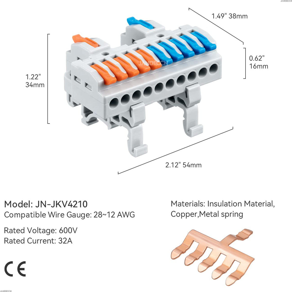 6Pcs DIN Rail Terminal Blocks 28-12AWG Wire Splitter, 2 in 10 Out