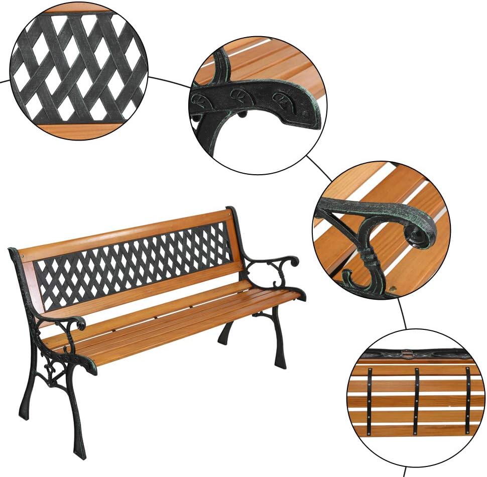 49.5in Outdoor Wood & Metal Porch Benches,Weatherproof Patio Park Bench,Outside Leisure Bench,Outdoor Garden Park