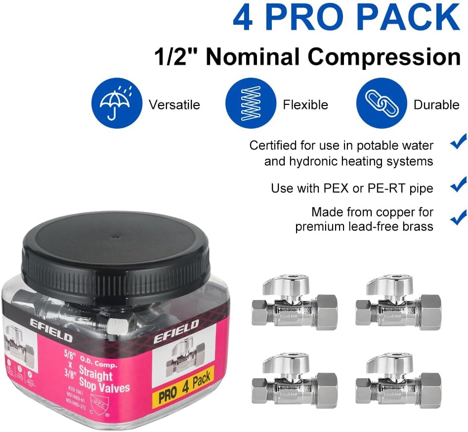 Pro 4PCS EFIELD 1/4 Turn Compression Straight Stop Valve | 1/2" Nominal (5/8" OD) Compression x 3/8" OD Water Shut