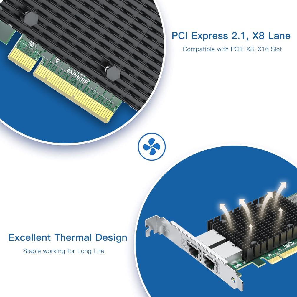 H!Fiber 10Gb PCI-E Network Card NIC, Dual RJ45 Copper Ports, Compare to Intel X540-T2, with Intel X540-BT2 Chip, PCIe X8, 10Gbase-T Ethernet LAN Adapter Support Windows Server/Windows/Linux/VMware ESX