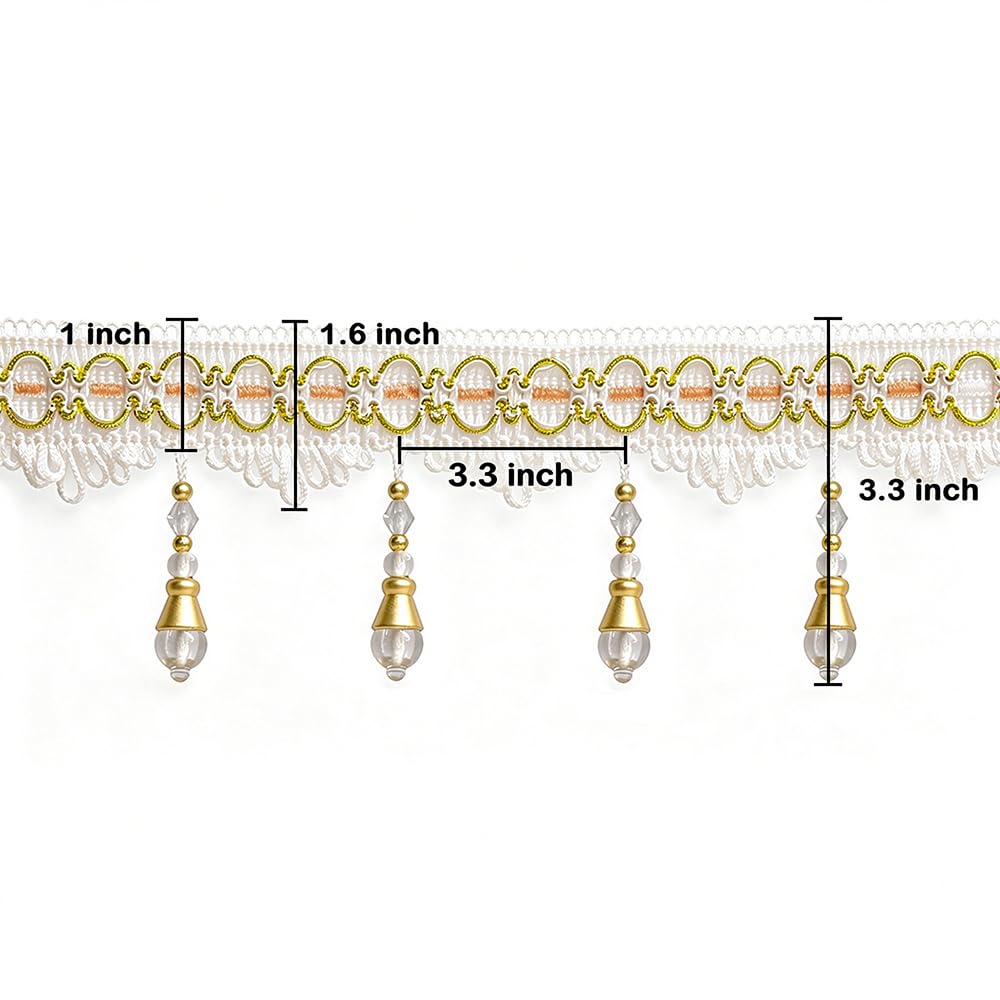 4 Yards White Beaded Fringe Trim, Tassel for Sewing DIY