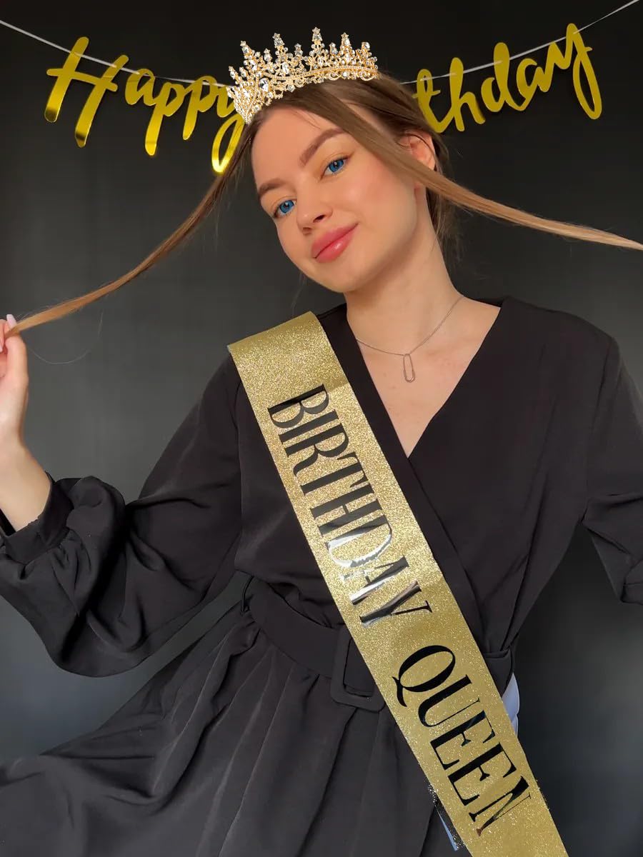 Birthday Queen Sash and Crown for Women - Gold Rhinestone Tiara and Sash Set for Birthday Decorations Outfits for Women