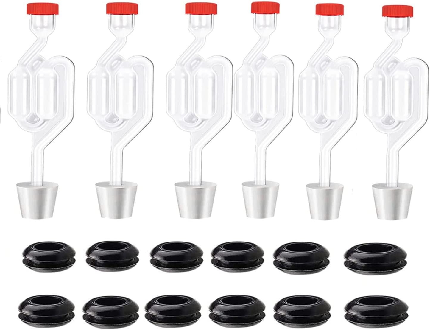 Twin Bubble Airlock Set [6 Pack], Brew Kits Airlocks for Fermenting,Fermentation Airlock with 6 Stoppers + 12 Grommets