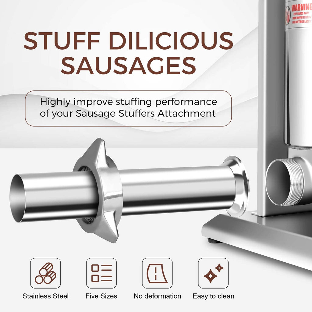 5-Size Sausage Stuffer Tubes, Stainless Steel, 52mm Base