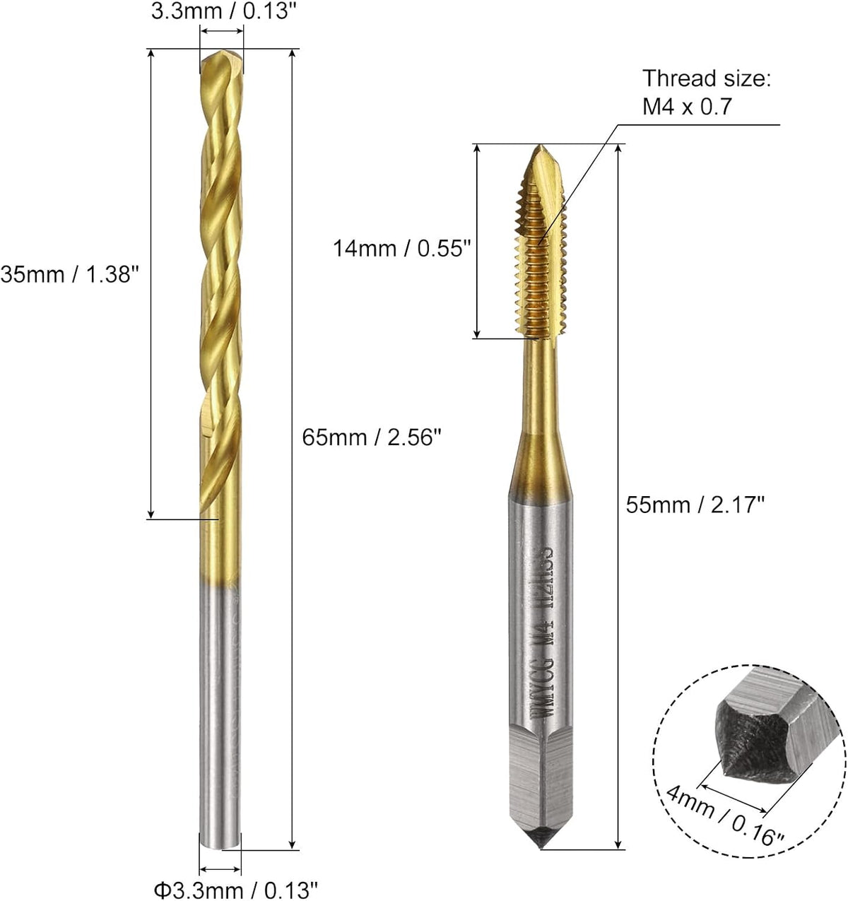uxcell Metric Tap & Drill Bit Set, 2pcs M4 x 0.7 Spiral Point Thread Taps and 2pcs 3.3mm Twist Drill Bits, Titanium Coated HSS6542 Screw Tapping Threading Tools