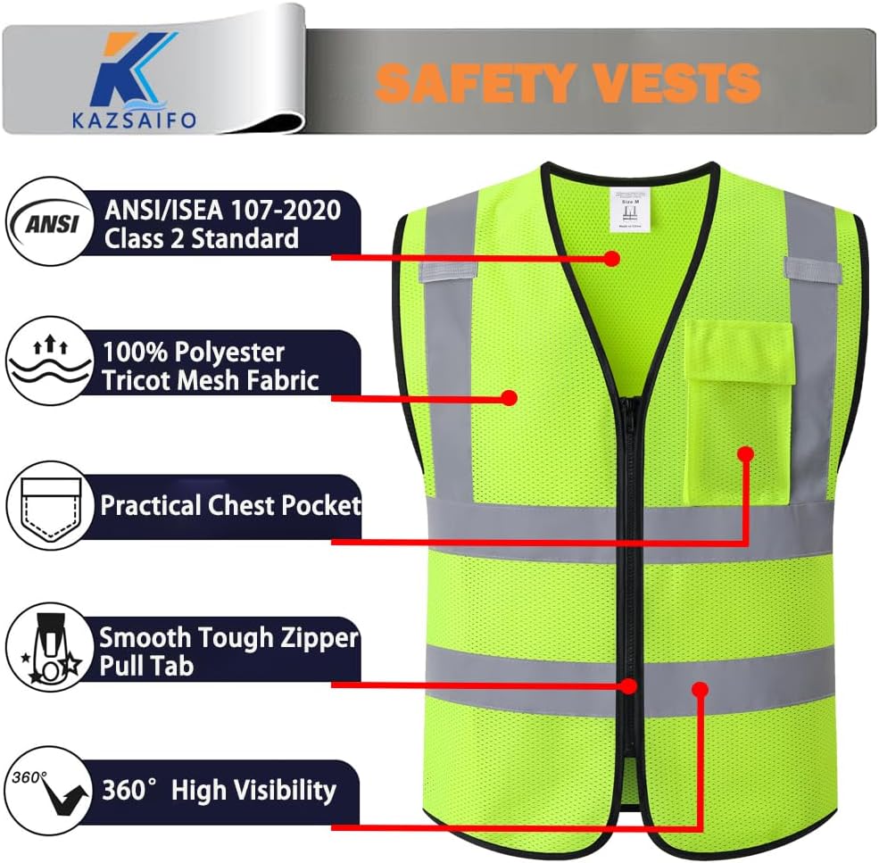 Hi Vis Reflective Safety Vest for Men Women,KZ179,Yellow,2XL | One Chest Pocket Breathable Mesh Class 2 High
