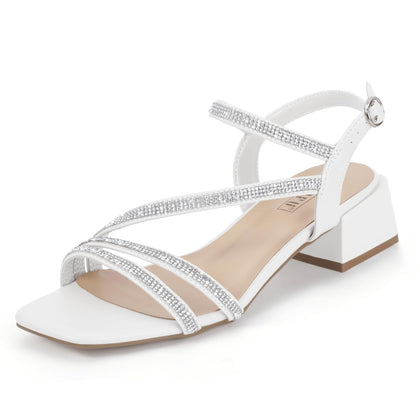 White Rhinestone Low Heels for Women Strappy Chunky Block Short Square Open Toe Heeled Sandals Wedding Bride Bridal