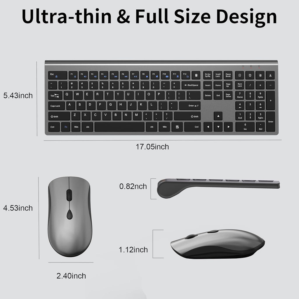 Slim Silent Full Size Wireless Keyboard Mouse Combo Space Grey | With calculator key, 2400 DPI quiet mouse, USB