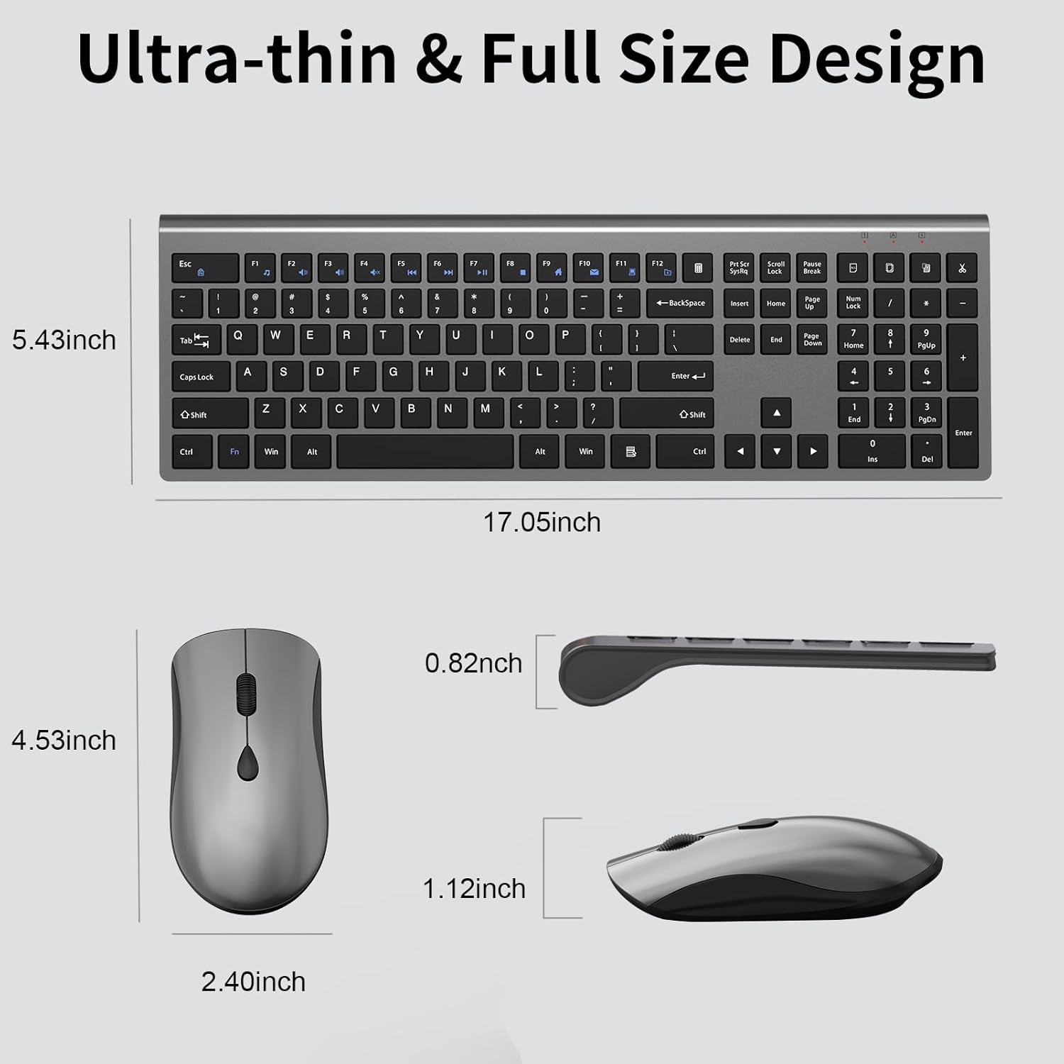 Slim Silent Full Size Wireless Keyboard Mouse Combo Space Grey | With calculator key, 2400 DPI quiet mouse, USB