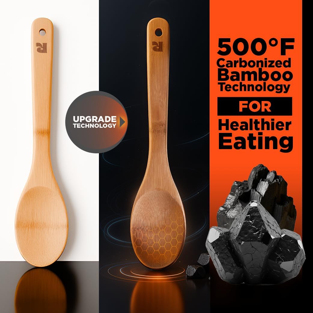 Dark Bamboo Wooden Spoons for Cooking 6-Piece, Apartment Essentials Wood Spatula Spoon Nonstick Kitchen Utensil Set