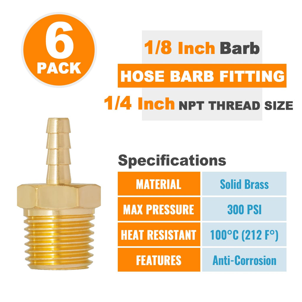 SUNGATOR 6-Pack 1/4" Male NPT x 1/8" Hose Barb Fitting, Solid Brass Adapter