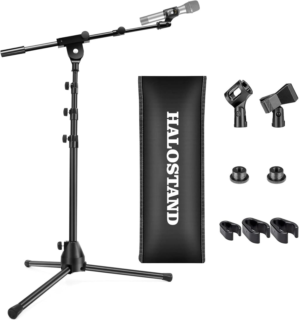 Microphone Stand Floor Foldable Mic Stand Heavy Duty Tripod Boom Arm with 2 Screws Adapter 2 Mic Clips 2 Foam Covers