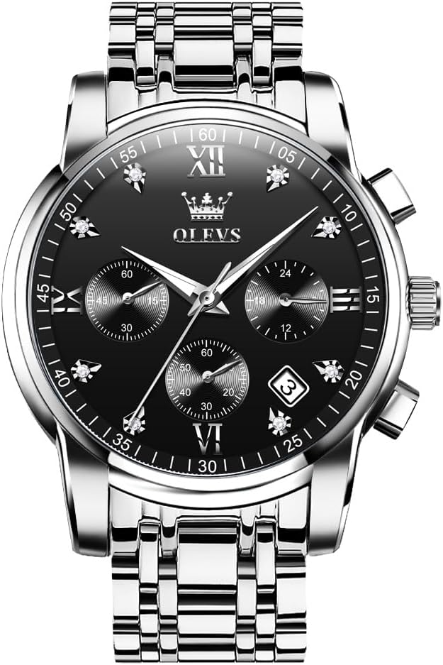 Men's Stainless Steel Chronograph Watch, Big Face Gold Silver Black Tone Easy to Read Analog Quartz Watch, Luxury