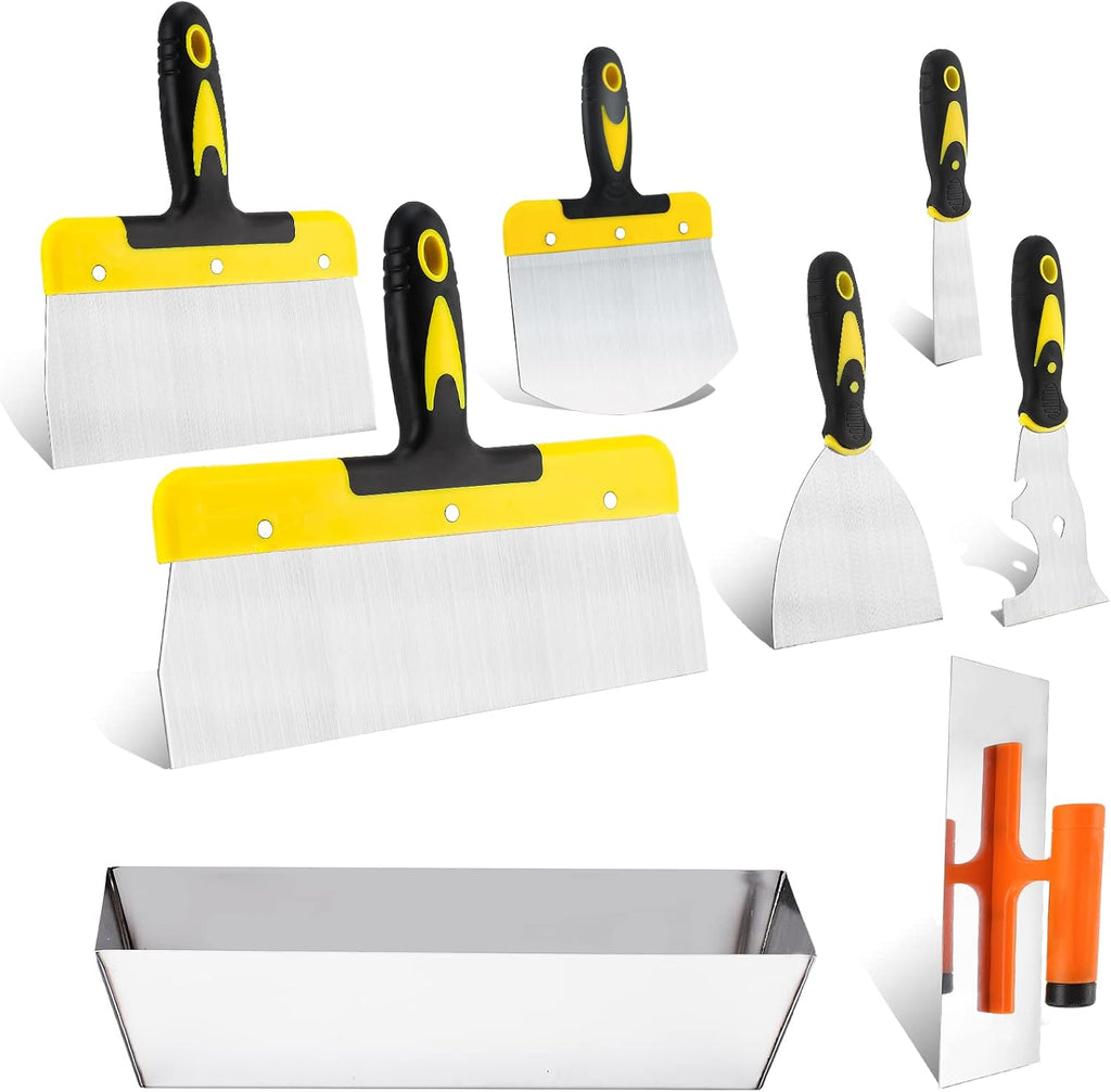 Drywall Knife Set, 8 Pieces Stainless Steel Drywall Hand Tool Kit Includes Taping Knives, Putty Knives, Finishing