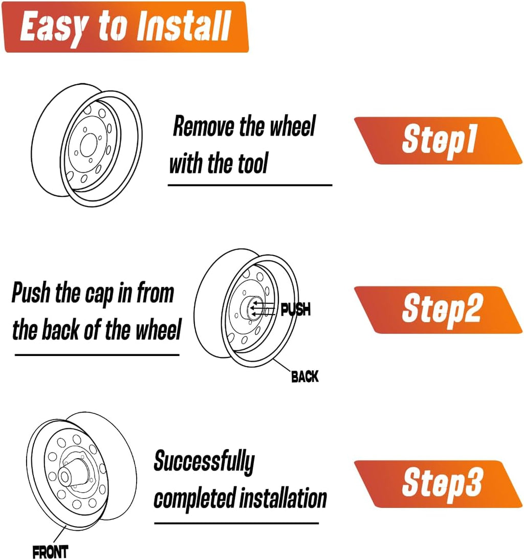 4-Pack Trailer Push Through Center Caps and Trailer Wheel Lug Sets - 3.74in Wheel Center Caps Chrome Wheel Cover