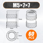M5 Brass Insert Nuts - 60pcs M5x7x7mm Heat Set Insert Nuts