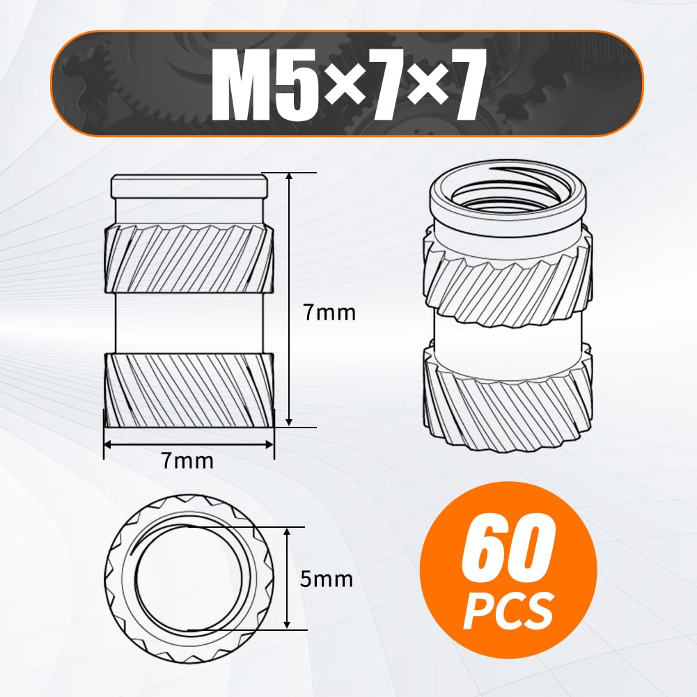 M5 Brass Insert Nuts - 60pcs M5x7x7mm Heat Set Insert Nuts