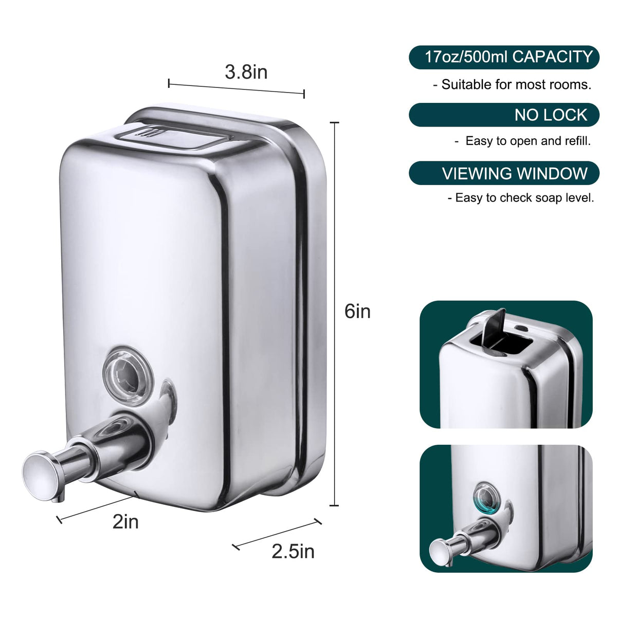 Commercial Soap Dispenser Wall Mount Stainless Steel, 17 fl.oz.