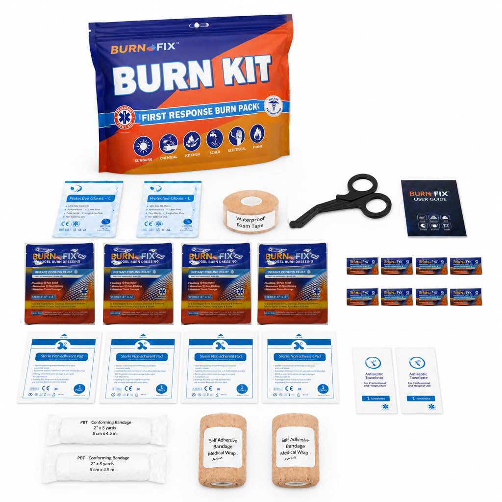 BurnFIX Burn Kit First Aid Recommended by Doctors, Comprehensive 25pcs First Aid Kit Includes Burn Gel, Burn