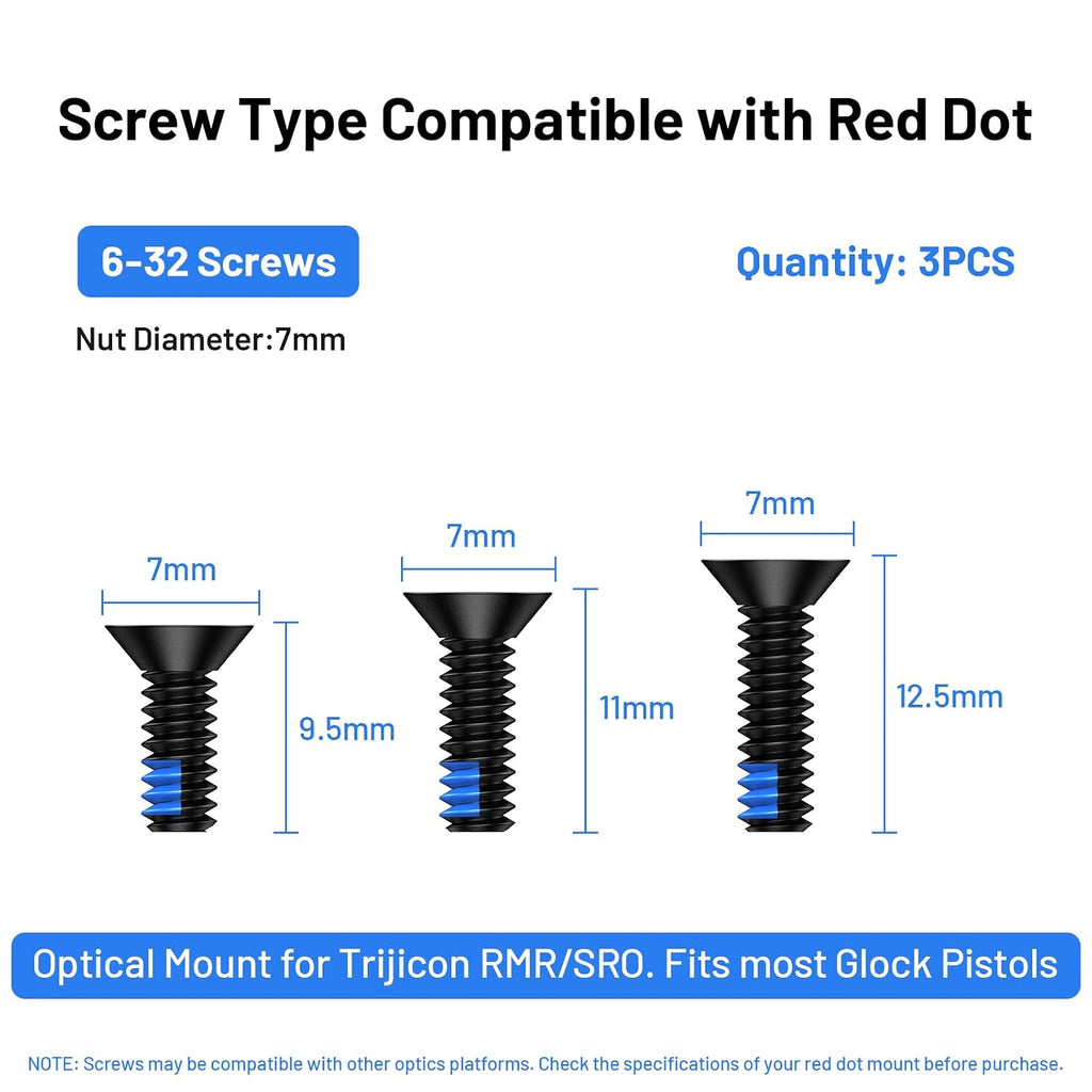 Red Dot Screw Kit 9 Pcs #6-32 Screw Diameter 7mm Includes 9.5mm/11mm/12.5mm