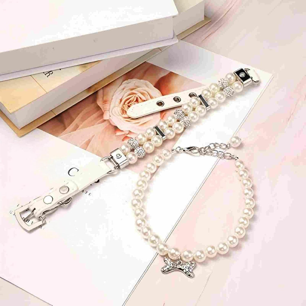 2 Pcs Pet Dog Pearl Collar and Necklace Set, White, M