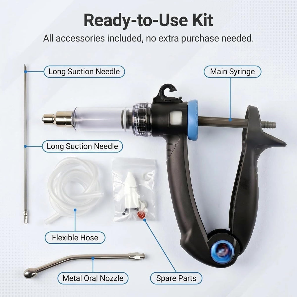 2-in-1 Veterinary Syringe & Oral Drencher Set, 0.5-10ml Adjustable Continuous Injector with Long Suction Needle &