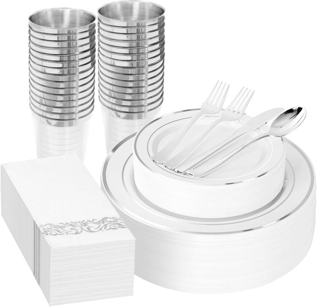 200Pcs White and Silver Plastic Dinnerware Set for 25 Guests Party