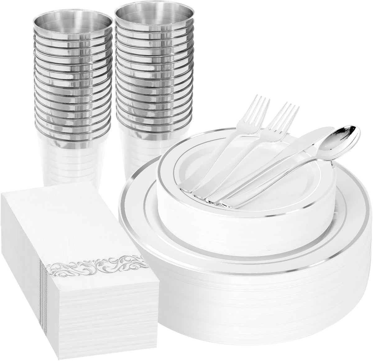 200Pcs White and Silver Plastic Dinnerware Set for 25 Guests Party