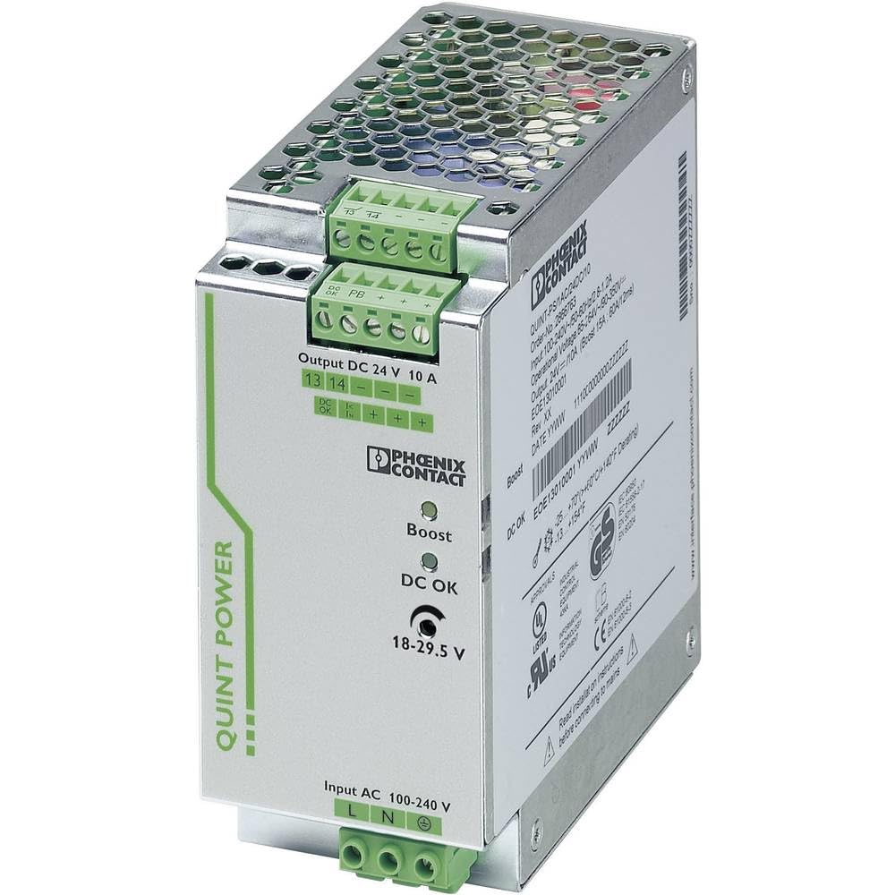 PHOENIX CONTACT QUINT-PS/1AC/24DC/10 (2866763), DIN Rail MOUNTING, Input: 2.8-1.2 AMP 1 Phase 100-240 VAC 50/60 HZ, Output: 10 AMP 24 VDC, Power Supply, Screw Connection