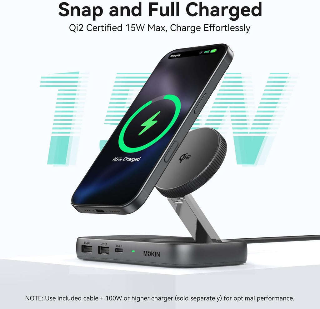 USB C Hub 15W Wireless Charger, Qi2 Certified Magsafe Charging Stand with 4K@60Hz HDMI, 100W PD, 10Gbps USB C/A, and