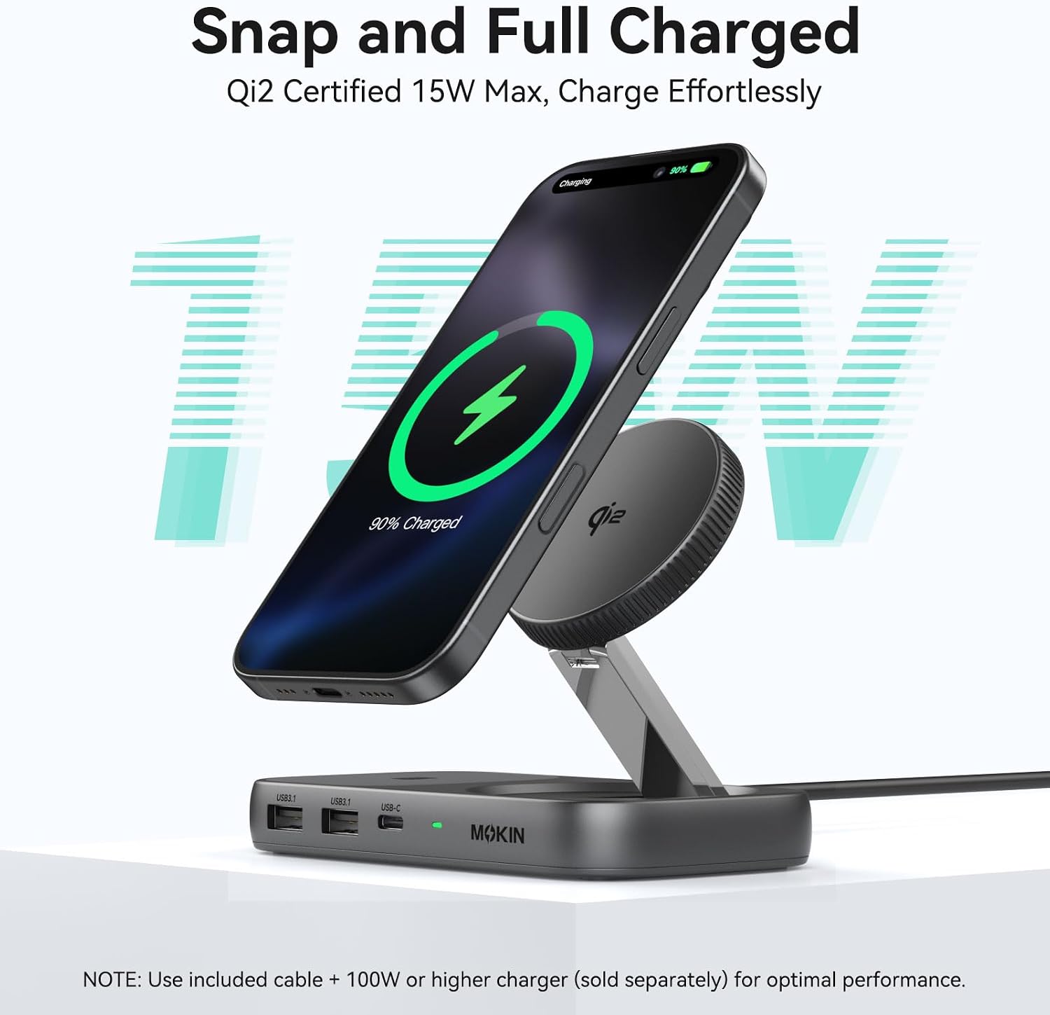 USB C Hub 15W Wireless Charger, Qi2 Certified Magsafe Charging Stand with 4K@60Hz HDMI, 100W PD, 10Gbps USB C/A, and