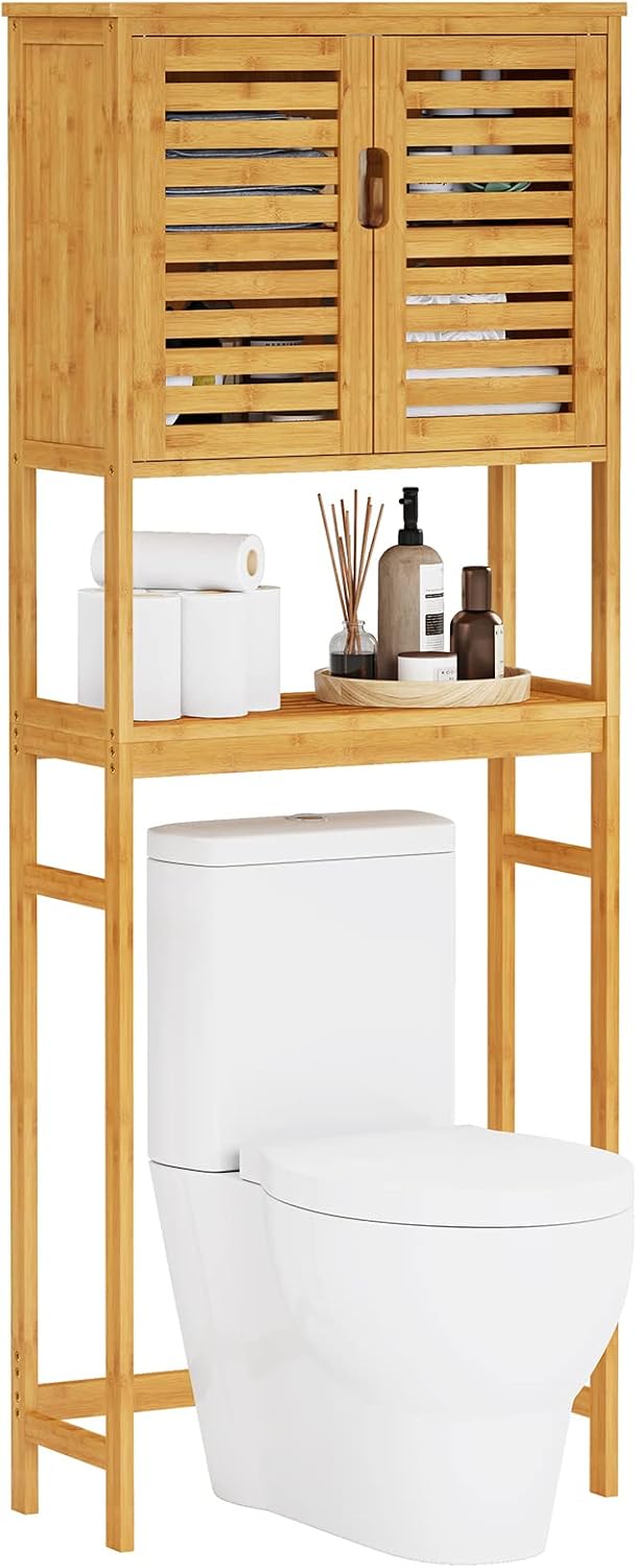 Over The Toilet Storage Cabinet, Tall Bathroom Cabinet Organizer with Cupboard and Adjustable Shelves, Freestanding