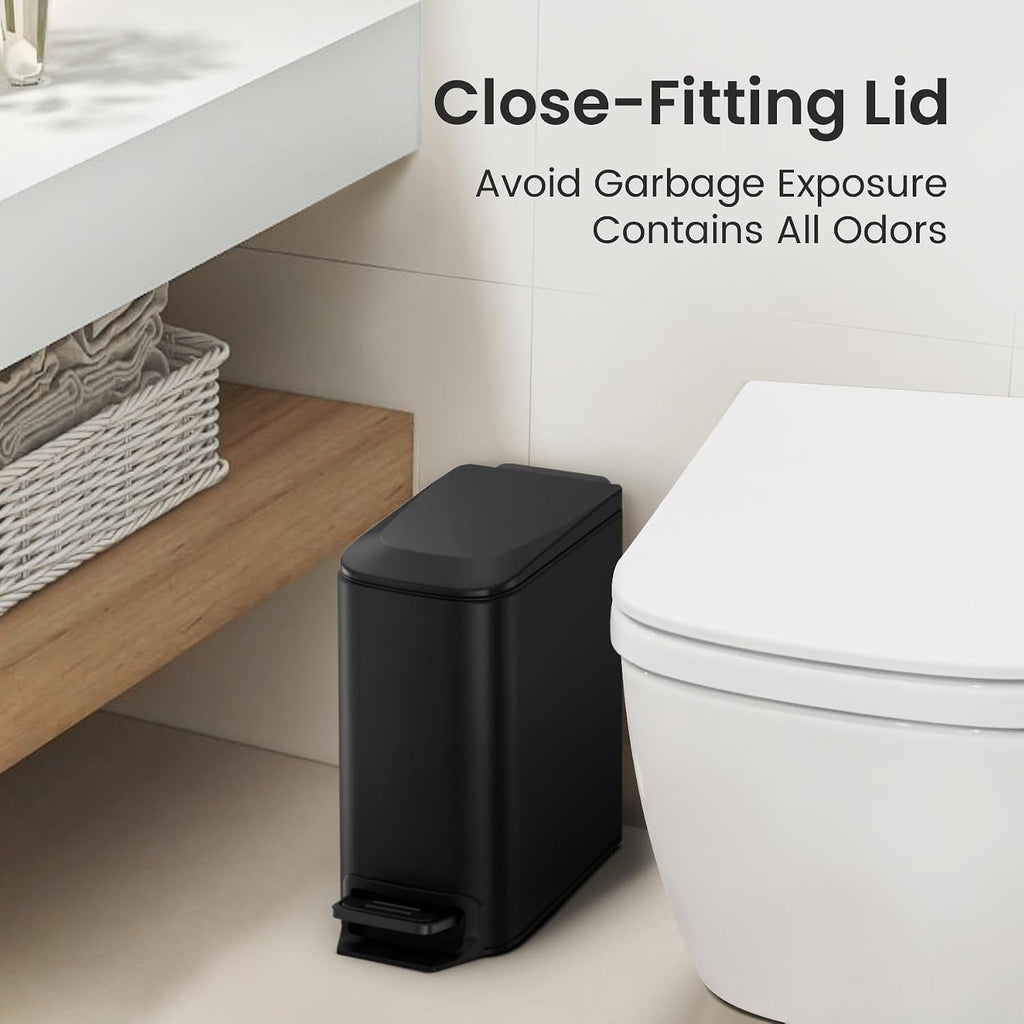 Small Bathroom Trash Can with Lid, 1.6 Gal, Soft Close, Matte Black | Step pedal soft close, Slim 5.9in fits narrow