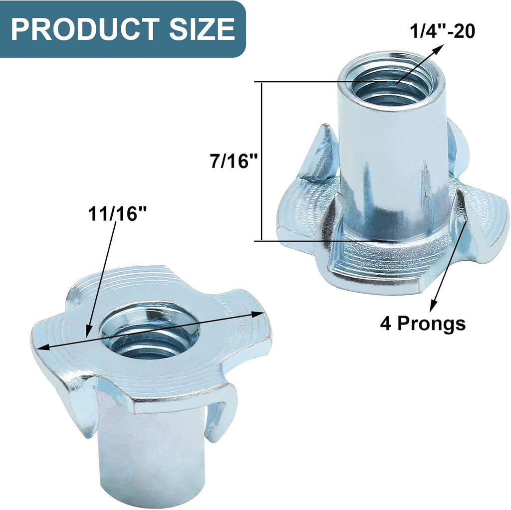 1/4"-20 T-Nuts, 1/4"-20 x 9/16", 50 Pack