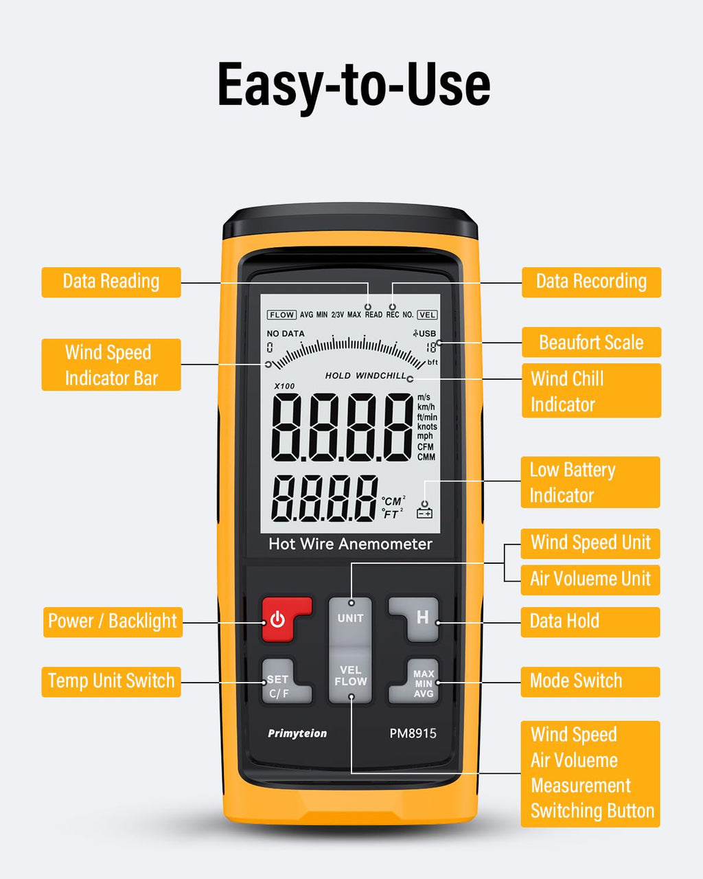 PM8915 Hot Wire Anemometer Handheld with Telescopic Probe, CFM/CMM Digital Wind Speed Meter Gauge, Air Flow Velocity Tester for Measuring HVAC, Duct Airflow, Wind Speed, Wind Chill