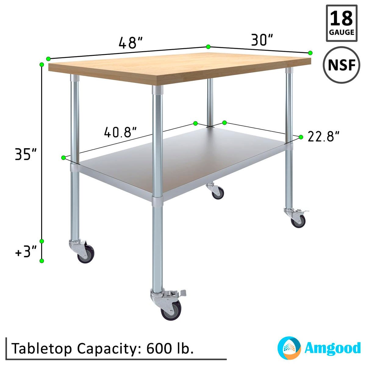 30" x 48" Maple Wood Top Work Table with Adjustable Undershelf and Wheels