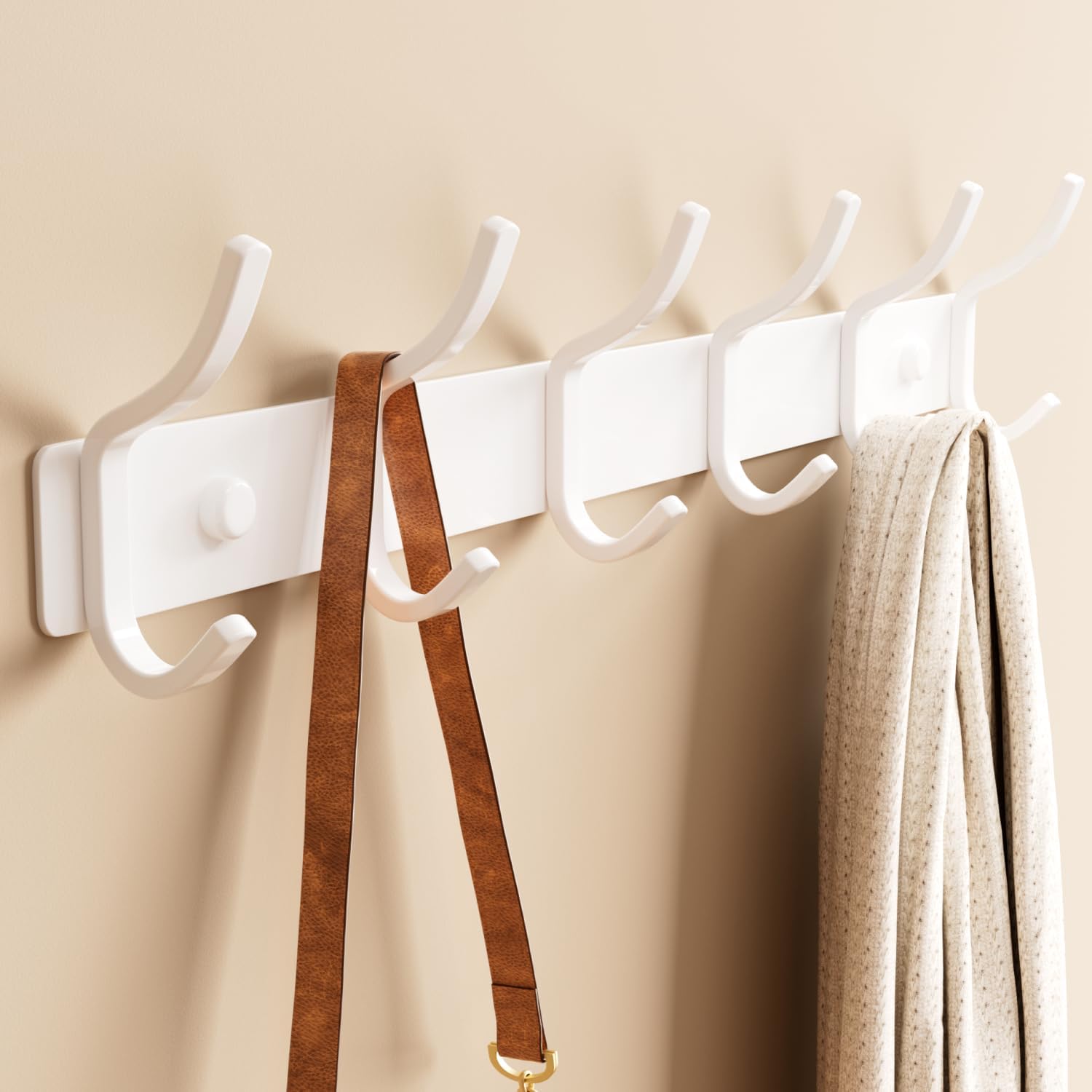 White Coat Rack Wall Mount - 15 Inch Arc Shaped Design with 6 Hooks for Hanging Coats, Bags, and Towels in Entryway