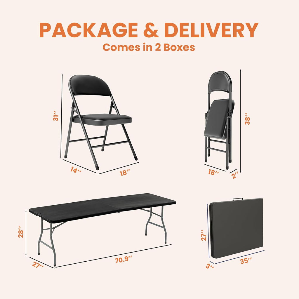 6FT Black Plastic Folding Table Set with 6 Black PU Padded Chairs | Portable Foldable Tables and Chairs for Parties