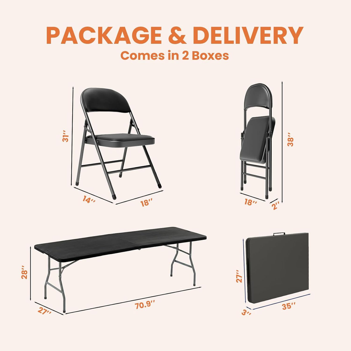 6FT Black Plastic Folding Table Set with 6 Black PU Padded Chairs | Portable Foldable Tables and Chairs for Parties