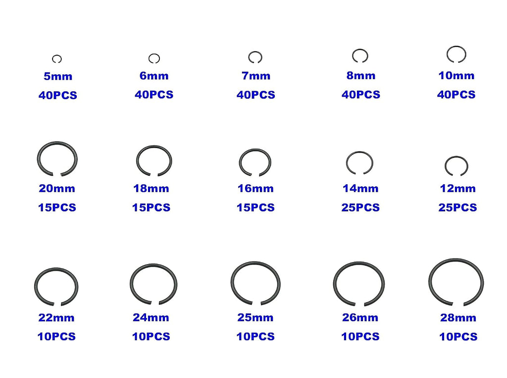 Metric 15-Sizes Round Wire C-Clips External Retaining Rings Kit