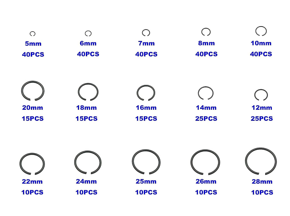 Metric 15-Sizes Round Wire C-Clips External Retaining Rings Kit