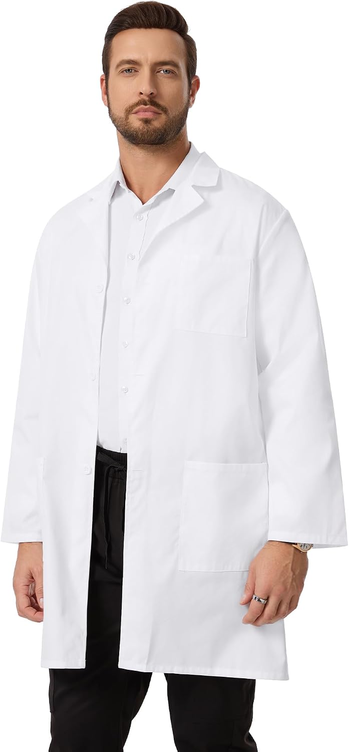 White Lab Coat for Men, Long Sleeve Doctor Coat with 3 Pockets
