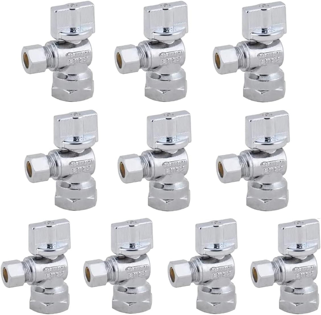 (10-Packs) Angle Stop Valve 1/2-in FIP x 3/8-in Comp, Quarter Turn Water Shut-off Ball Valve
