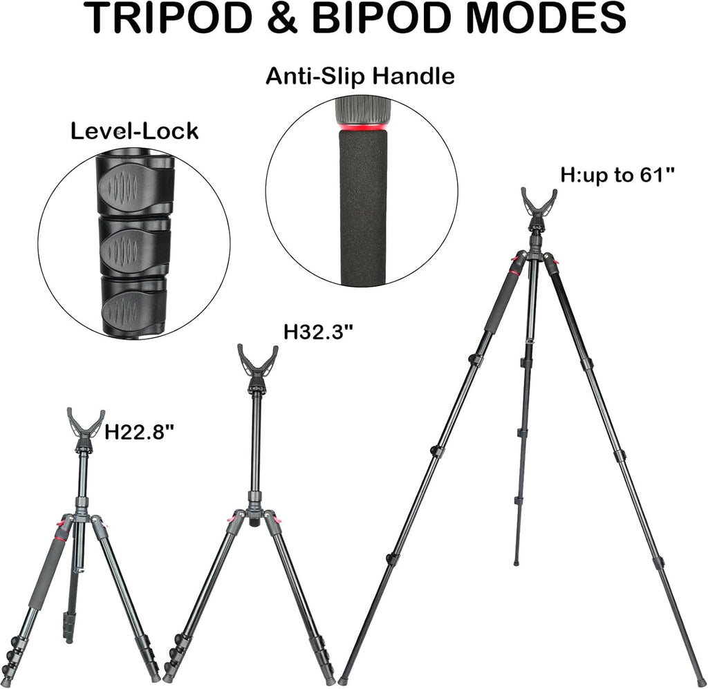 Adjustable Shooting Tripod for Rifles Shooting Stick Level-Lock 3-in-1 Tripod Monopod Bipod, 22.8″-61″ Height