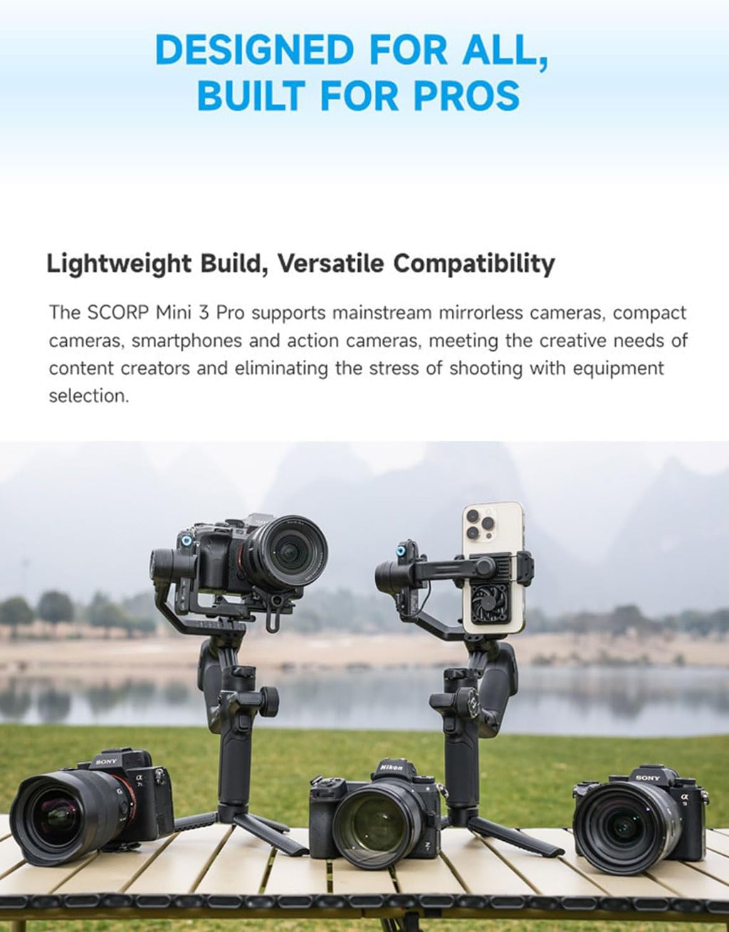 SCORP Mini-3-Pro Gimbal Stabilizer for Camera Mirrorless/Compact/Action Cameras,Smartphone,18m AI Tracking,Detachable