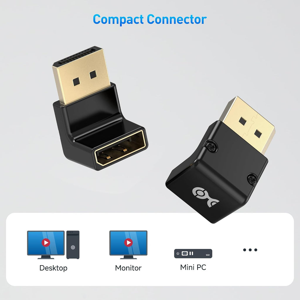 4K@240Hz Right Angle DisplayPort 1.4 Adapter, 90 Degree | 8K@60Hz, 8K DisplayPort Adapter, Black, 32.4Gbps