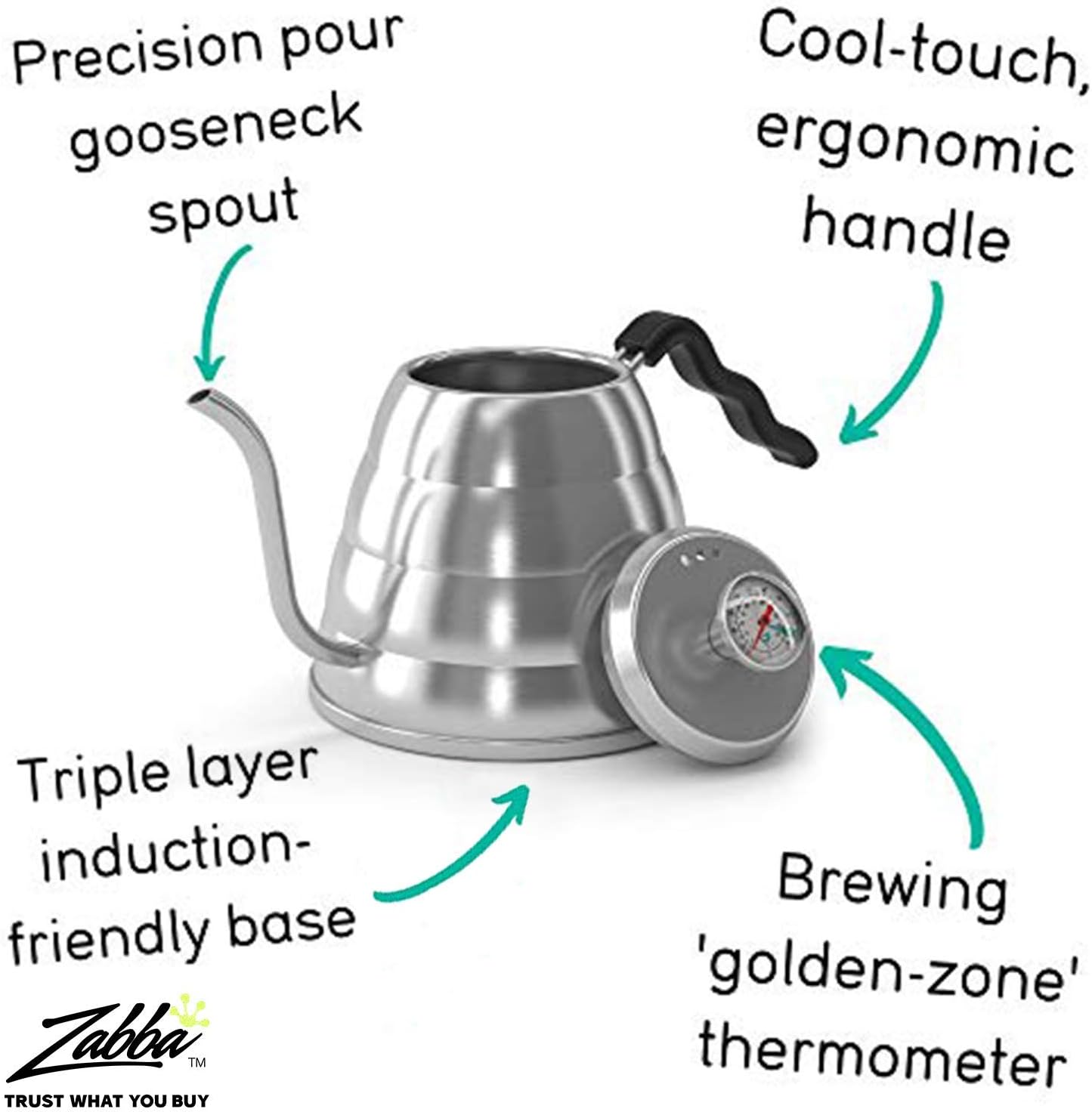 Gooseneck Kettle with Thermometer - 34oz Premium Stainless Steel Pour Over Coffee Maker Kettle, Stove Top
