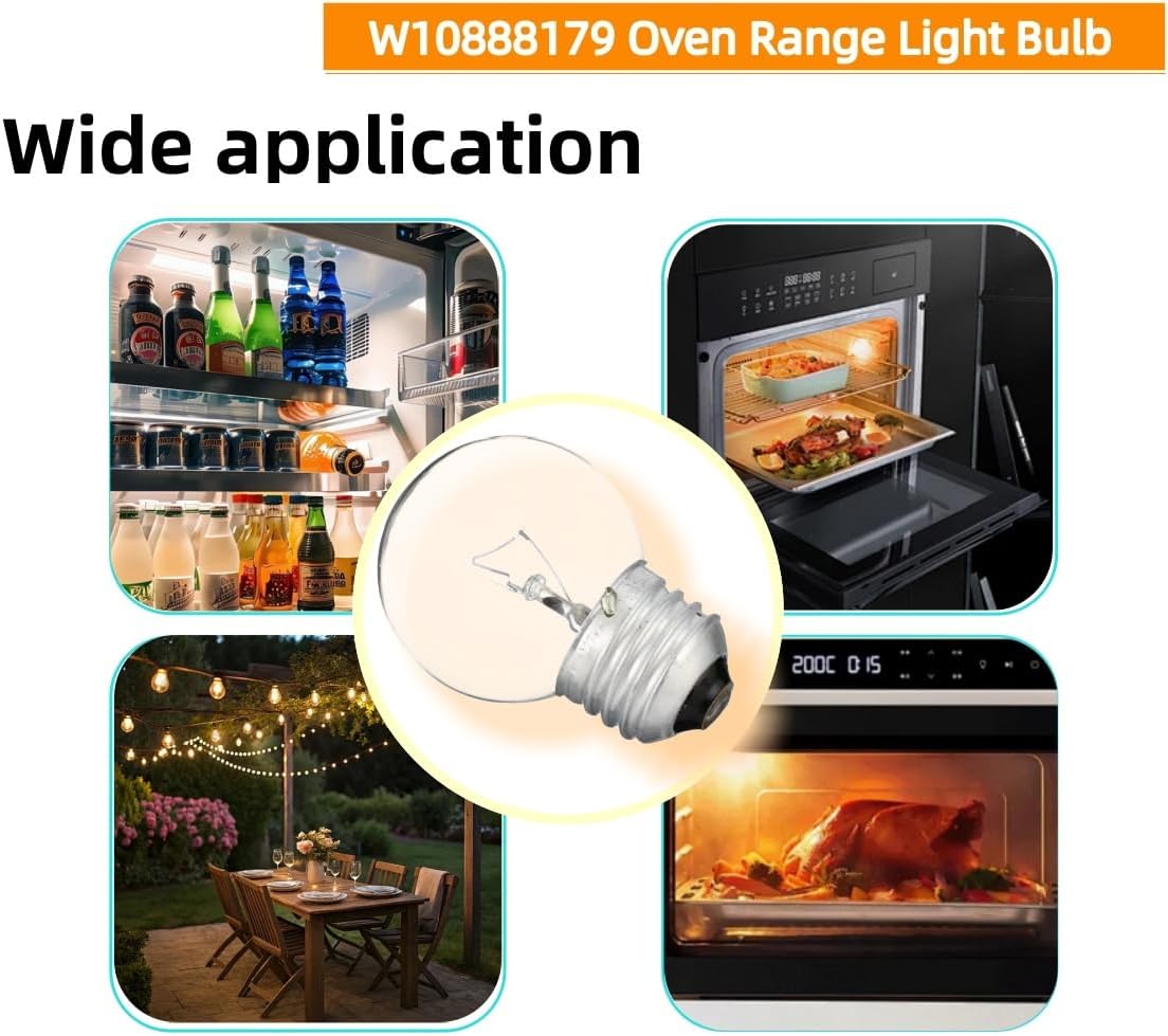 W10888179 Oven Range Light Bulb Lamp 40W fits for GE Whirlpool WFG320M0MS0, AGR6303MMW0, IGS350BW0, W10788320 WPW10888179, W10452019, WPW10452019 -Warm White