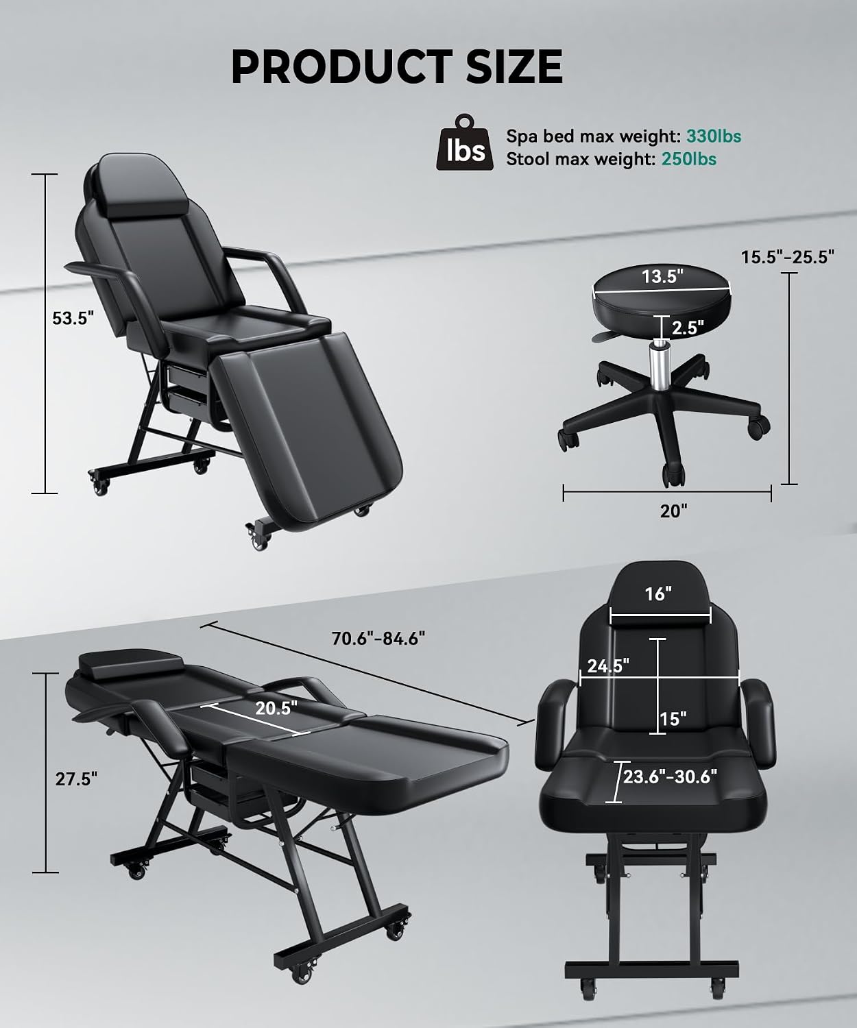 Black Tattoo Chair for Client with Hydraulic Rolling Stool, Tattoo Client Chair with Wheels Facial Chairs for